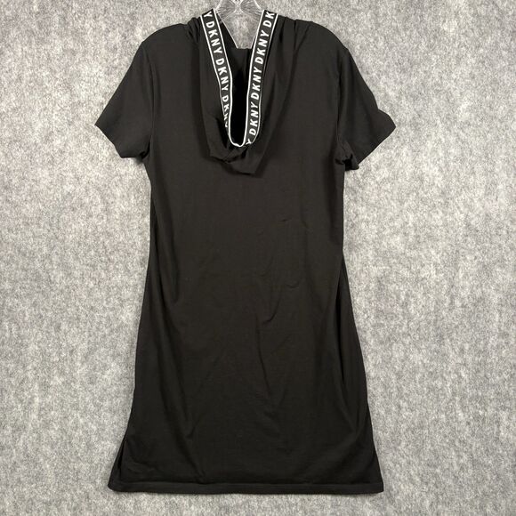 DKNY Athleisure Black Hooded Logo A Line Dress Sz Med Stretch Knit Short Sleeve - Picture 8 of 11